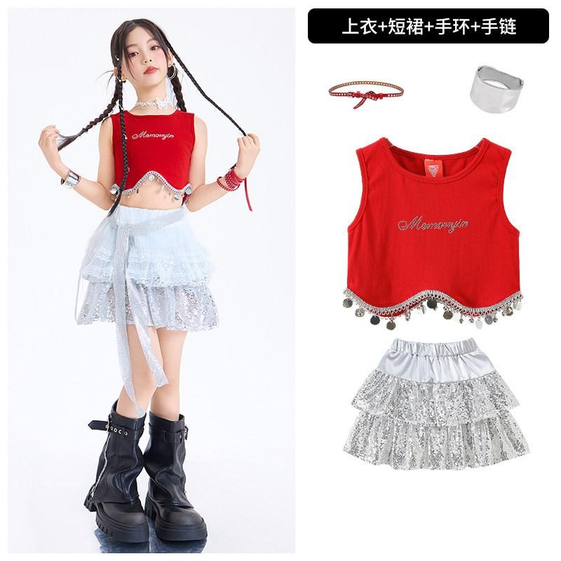 Girls Jazz Dance Costume Kids Crop Top Skirt Set Trendy Performance Wear Stage