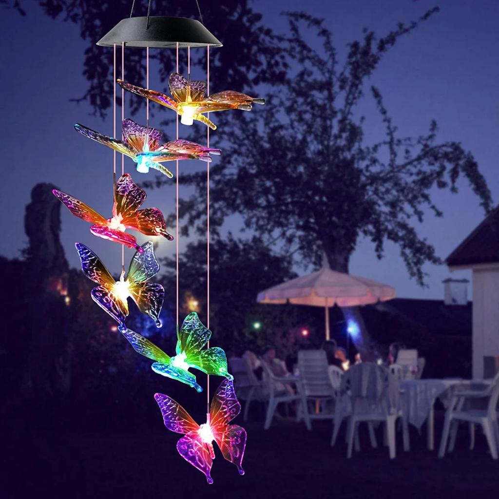 Butterfly Solar Wind Chime Light Multicolor Light Waterproof Chandelier with Bell for Garden Home Yard Lawn Decoration