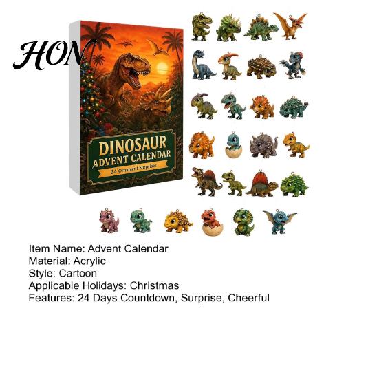 Acrylic Dinosaur Figurines for Decoration 24 Days Christmas Advent Calendar 2026, Cute 2D Themed Party Favors Figures Countdown Calendar, Holiday