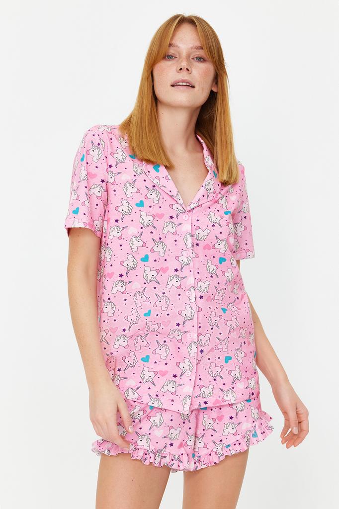 Women's Fashion New Pajama Set Pink 100% Cotton Fun Patterned Shirt-Shorts Knitted Pajama Set