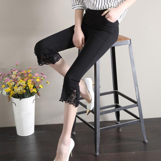 Женские укороченные брюки, однотонные, высокоэластичные, летние, расклешенные брюки, кружевная отделка, обтягивающие леггинсы с карманами