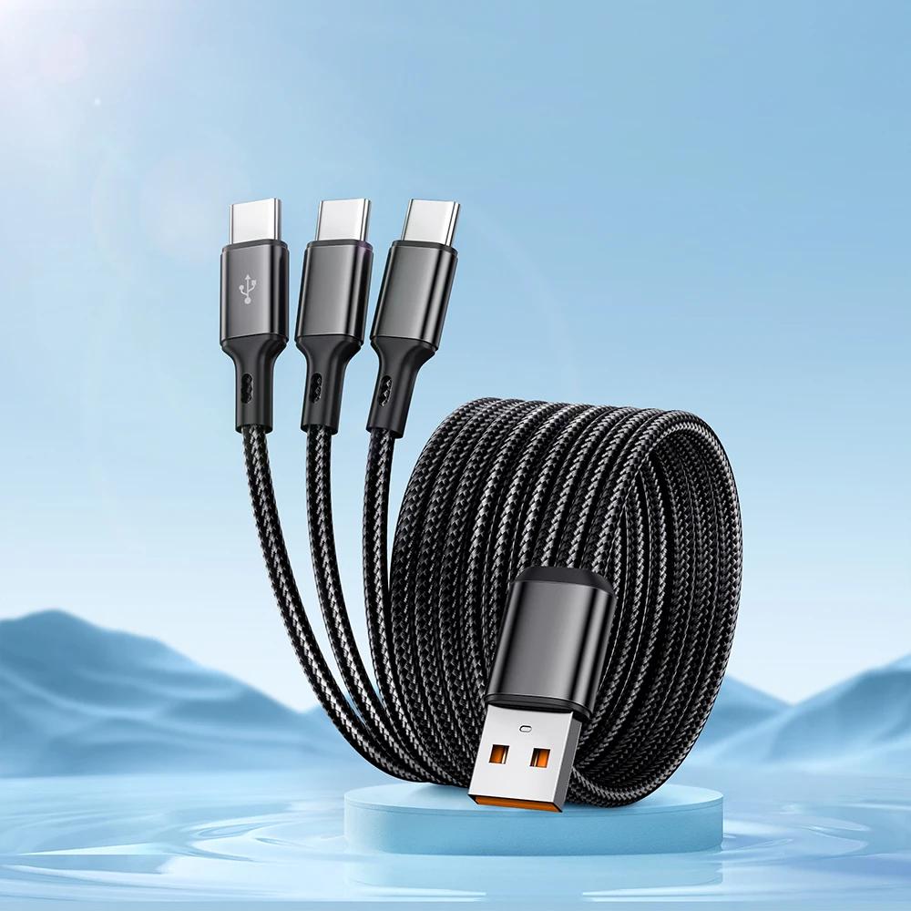 100W 3 in 1 USB to 3×Type-C Cable Phones Fast Charging Data Cable 1.2m/0.2m Extension Cord USB C PD High-Speed Data Transmission
