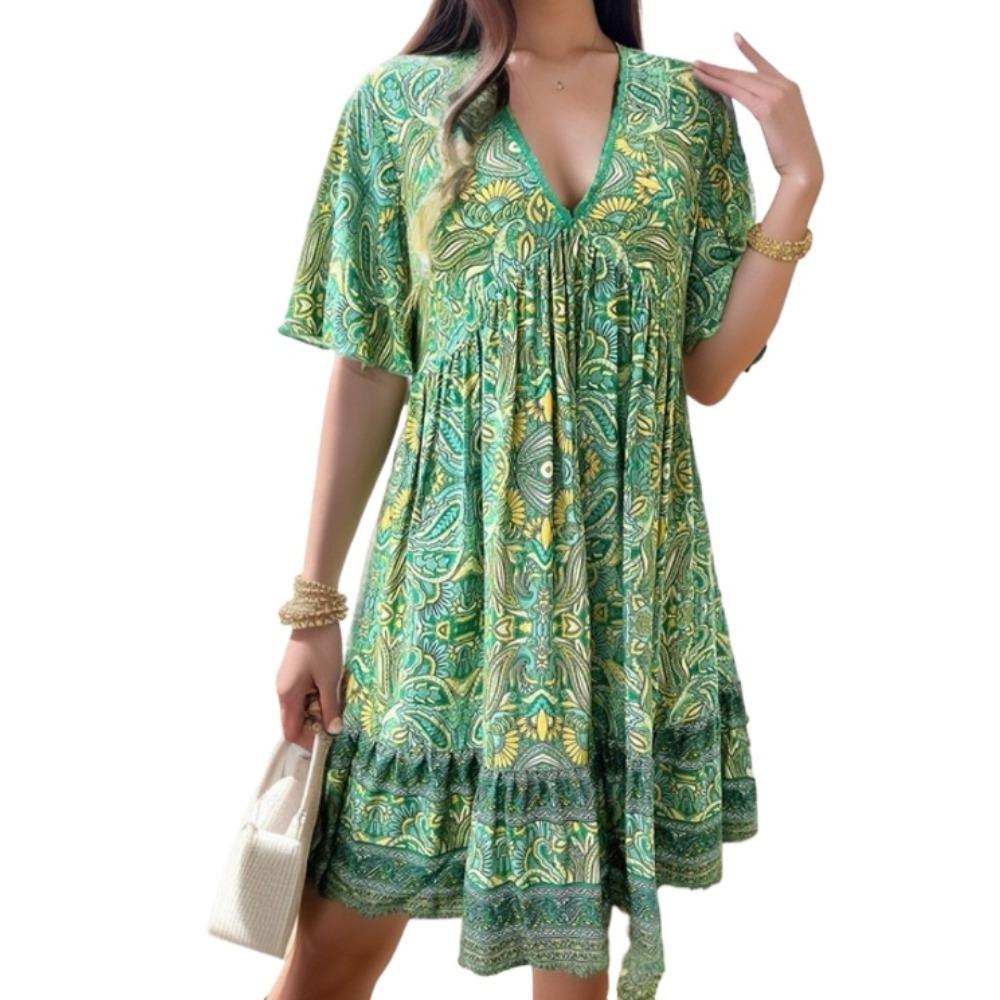 GMXIA Женская мода лето весна цветочный принт с коротким рукавом V-образным вырезом повседневные платья