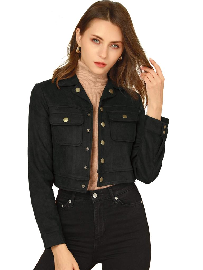 Allegra K Women's Cropped Jacket, Faux Suede, Fold-Over Collar, Button Pockets, Black, Size XL