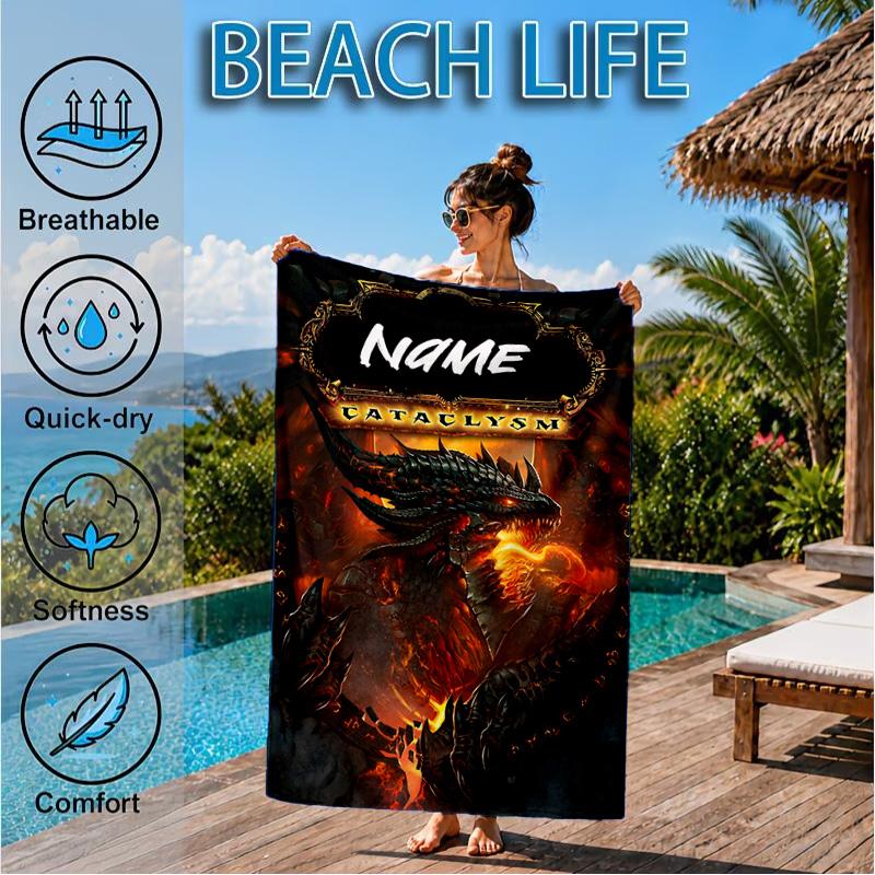 Custom Name Dragon's Fiery Warcraft Beach Towel Microfiber Beach Towel, Lightweight and Quick-Dry, for Summer Travel, Swimming Pool Gift