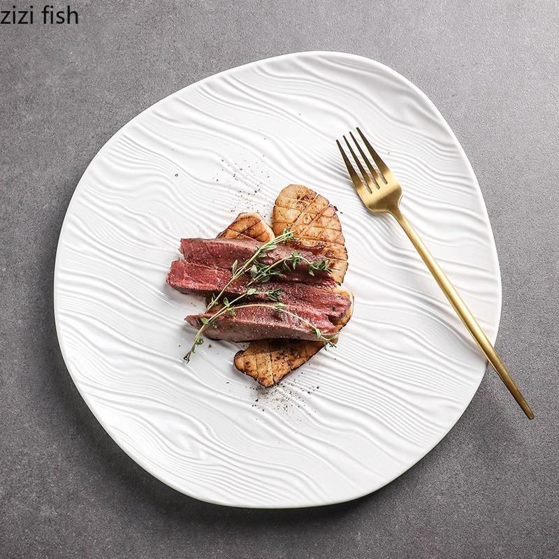 Керамическая мелкая тарелка с эффектом водной ряби, белая, нестандартная, салатная тарелка, тарелка для стейков, десертные тарелки, креативная посуда для ресторана