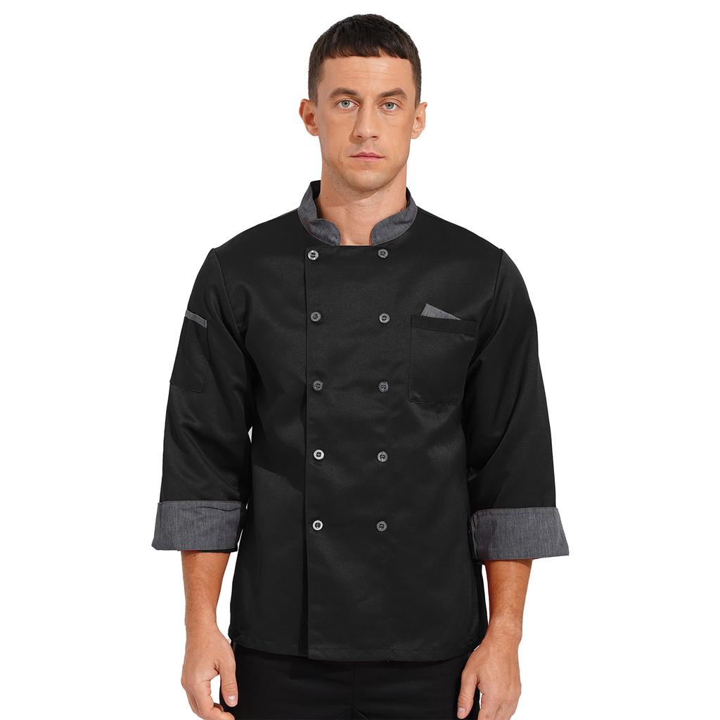 Unisex Double Breasted Chef Coat Long Sleeve Stand Collar Contrast Trim Cook Jacket for Restaurant Hotel Kitchen Staff