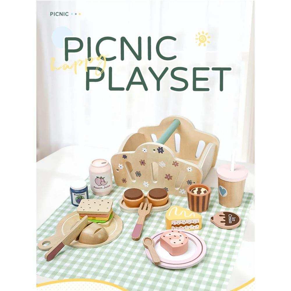 Picnic Basket Hand-held Basket Pretend Play Toys Children's Wooden Simulation Tableware Set Girls' Toys Desserts and Cakes