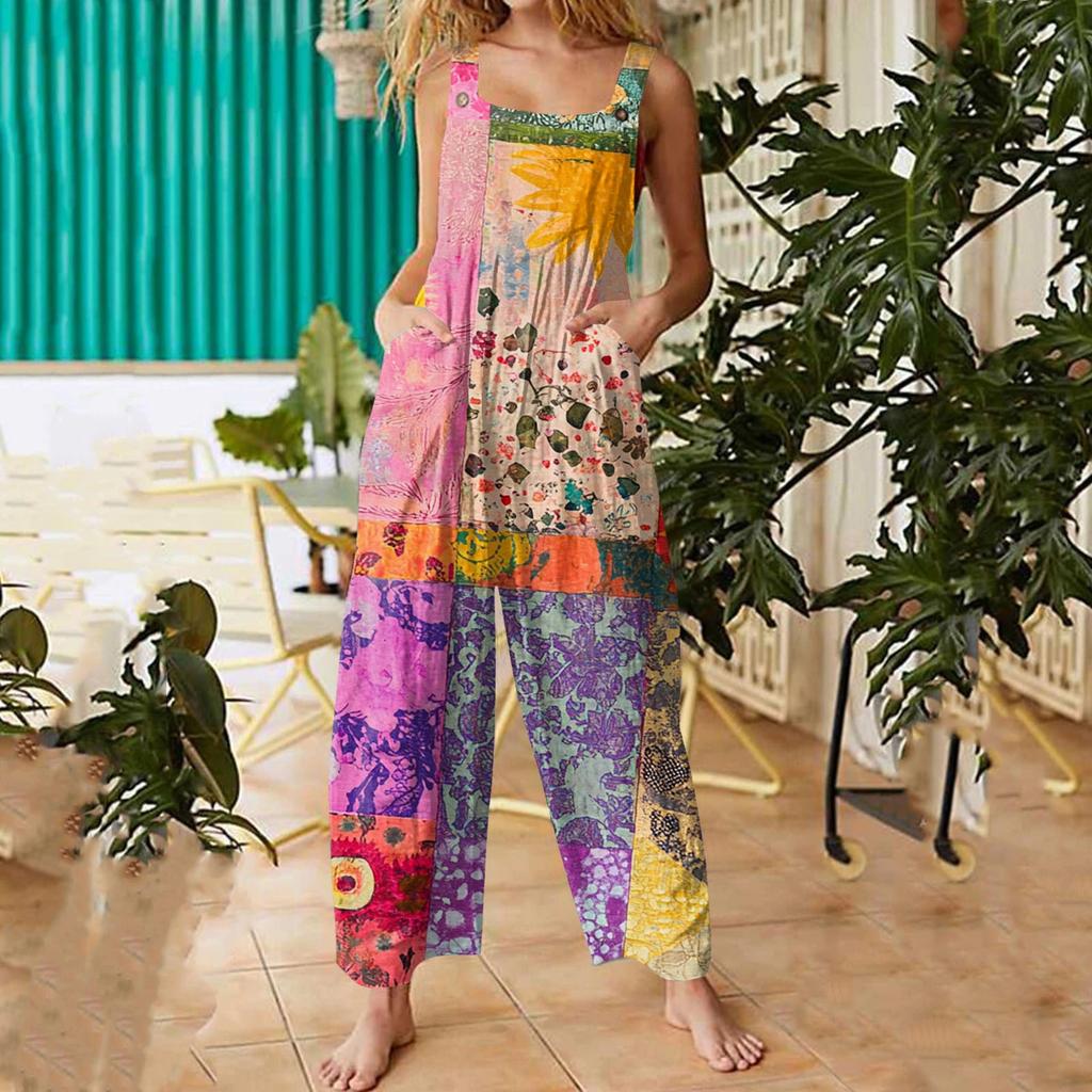 Женский модный повседневный свободный комбинезон с широкими штанинами и винтажным принтом, с лямками на спине