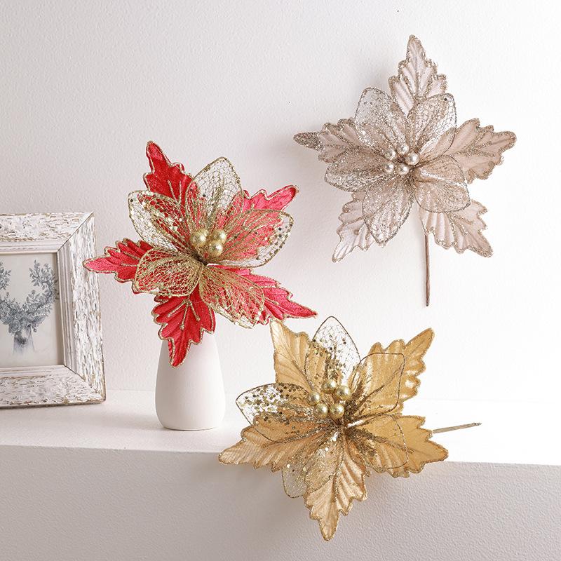 Christmas tree decoration 24cm mesh gold, red champagne silver, Christmas flowers, artificial flowers, hotel rattan