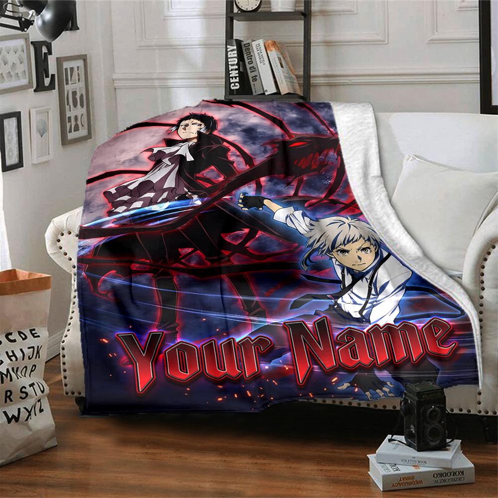 1pc Bungo Stray Dogs Blanket with Custom Name, Gift, for Men and Women, Soft Blanket, Good for Sofa Bed Couch Travel, Lightweight Flannel Blanket