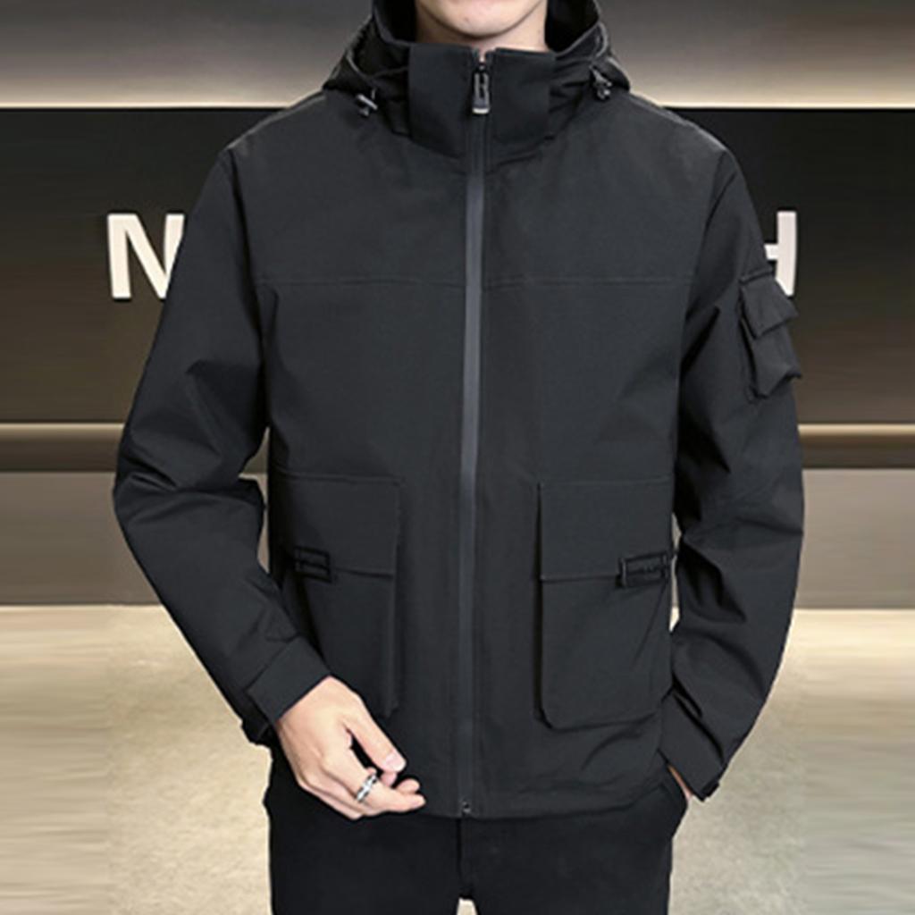 Men's Solid Color Outdoor Casual Jacket Hooded Jacket Men's Workwear Multi Pocket Jacket