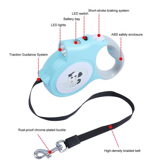 5m Retractable Pet Leash with LED Flashlight Ergonomic Handle Adjustable Long Walking Dog Leash for Small Medium Dogs