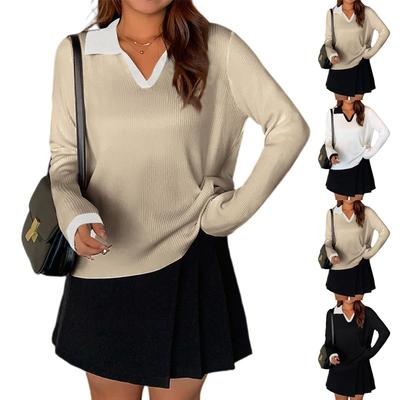 Женский модный повседневный трикотажный свитер-топ в стиле колор-блок с удобным лацканом и длинными рукавами, подходящий ко всему