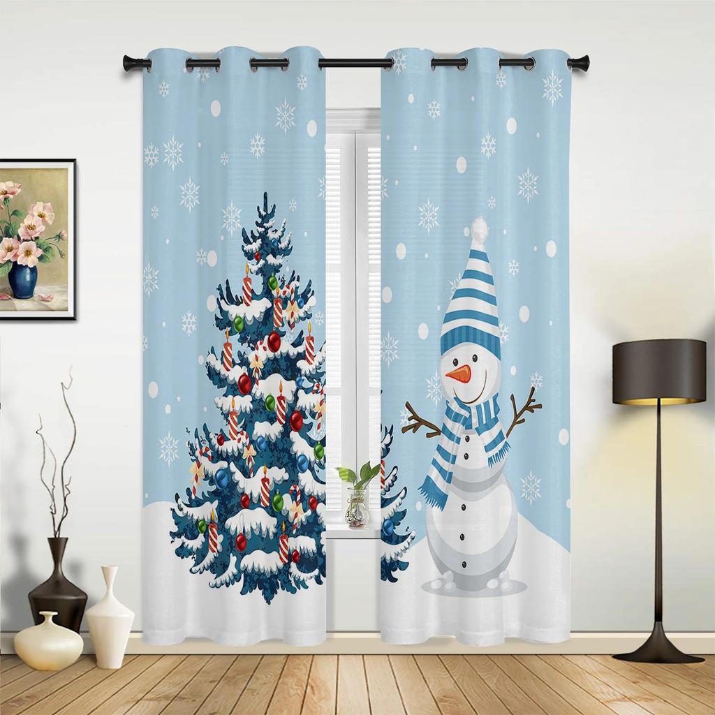 Christmas Tree Snowman Snowflake Pink Window Curtains Decor For Home Bedroom Kitchen Living Room Ornament Xmas Gifts Navidad