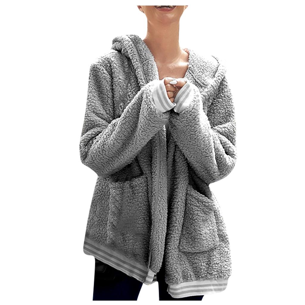 Women's And Winter Loose Solid Color Stitching Long-Sleeved Pockets Plush Hooded Cardigan Coat