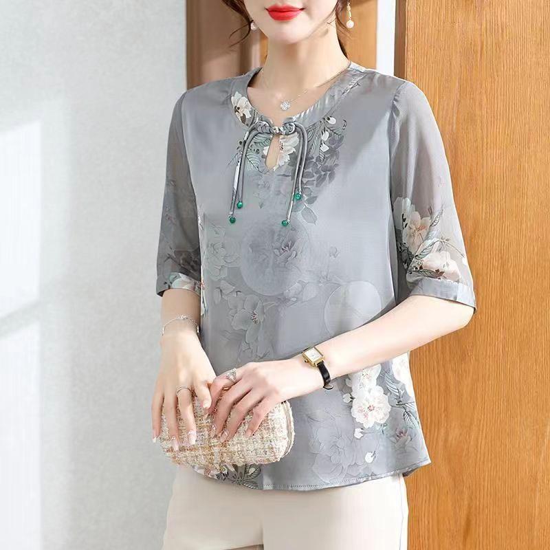 Женская летняя шелковая блузка с короткими рукавами на пуговицах, женская элегантная свободная футболка с цветочным принтом в стиле ретро, футболка больших размеров