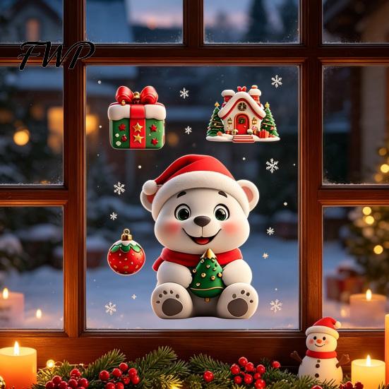 Christmas Party Supplies Static Window Clings, Reusable Decals with Santa Snowman Snow Holiday Glass Stickers House Designs, Double Sided for