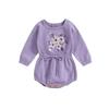 Infant Baby Girl Knit Jumpsuit 6M 12M 18M 24M Flower Embroidery Round Neck Long Sleeve Romper with Drawstring Waist