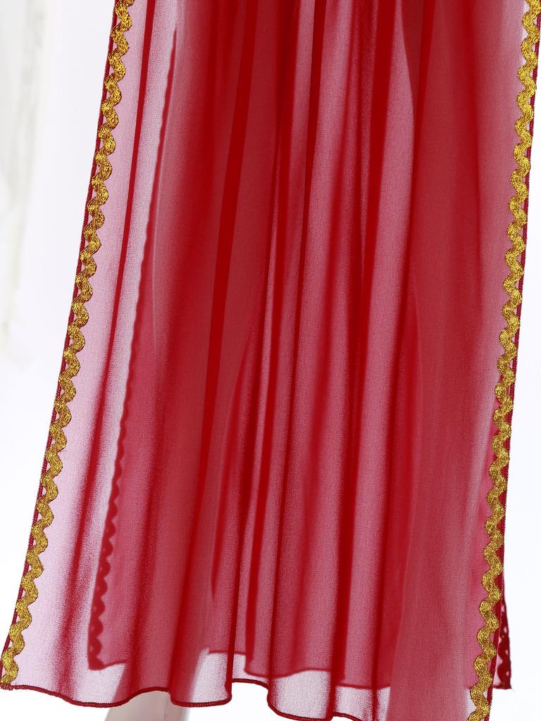 Womens Ancient Queen Costume Briefs Chiffon Skirt Metallic Shiny Side Slit Gold Trims Halloween Outfit