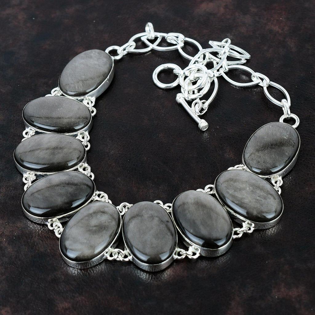 Silver Sheen Obsidian Necklace Real Gemstone Necklace 925 Sterling Silver Necklace Adjustable Chain Necklace Handmade Necklace Gift For Her