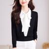 French Chic Bow Top Women's Spring New Fake Two-piece Knitted Sweater Fashion Foreign Bottoming Shirt