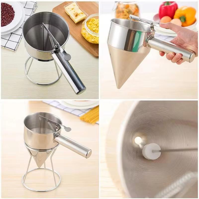 600ML Oil Bucket With Holder Stainless Steel Funnel Dispenser Cupcake Pancake Batter Octopus Ball Kitchen Baking Tools Hot Sell