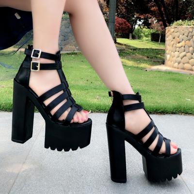 Модные 15 см Летние Женские Босоножки на Высоком Каблуке из Натуральной Кожи Водонепроницаемая Платформа Тонкий Ремешок Пряжка Молния Клубная Вечеринка Танцевальная Обувь