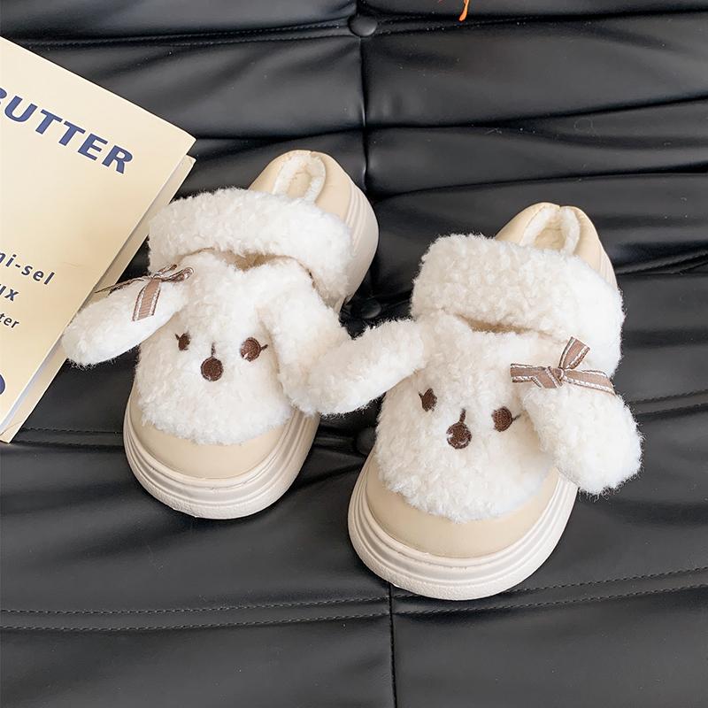 Fashion Cute Short Plush Cartoon Puppy Indoor Slippers Women Winter Warm Faux Fur Cotton Slides Comfort Thick Bottom Bedroom Slippers