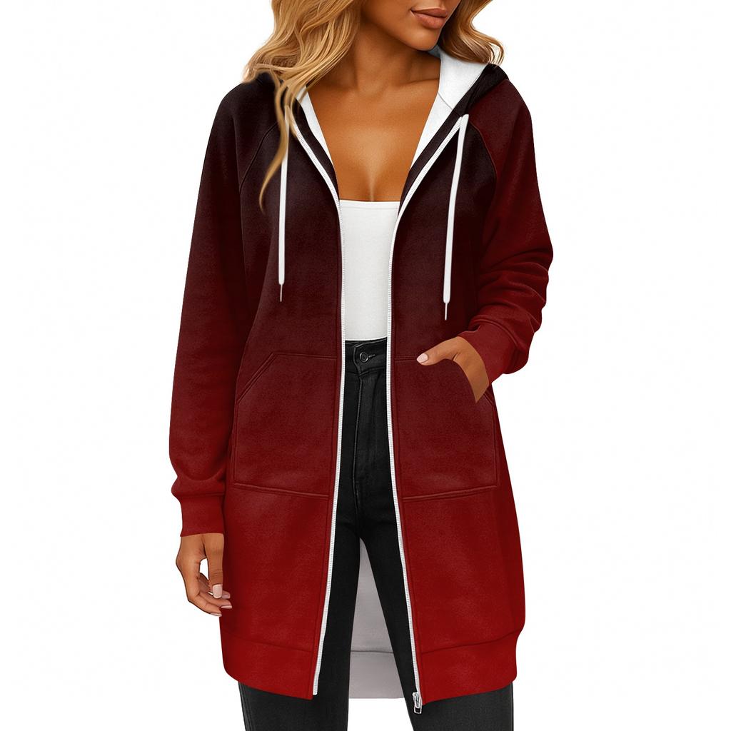 Women's Fashionable Printed Long Sleeved Drawstring Hooded Zipper Pocket Long Casual Sweatshirt Jacket