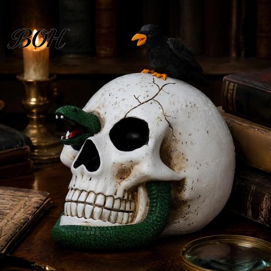 Resin Gothic Crow Snake Statue Raven Skull Halloween Decoration, Perching On Mysterious Retro Craft Skeleton Figurine for Macabre Home Office