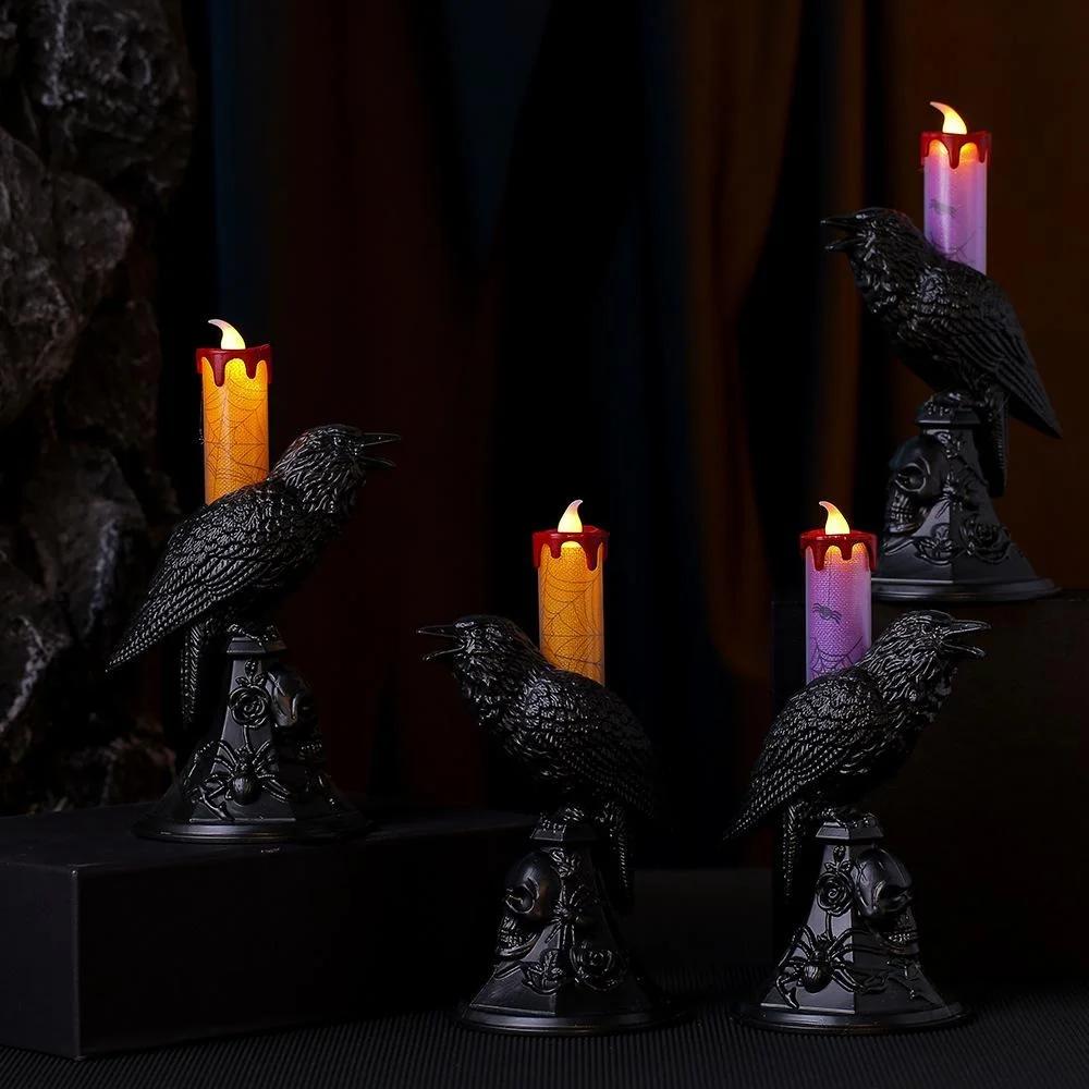 Creative Evil Black Crow Statue Glowing Candlestick LED Candles Lights Halloween Home Decorations Table Lamp Scary Ornaments