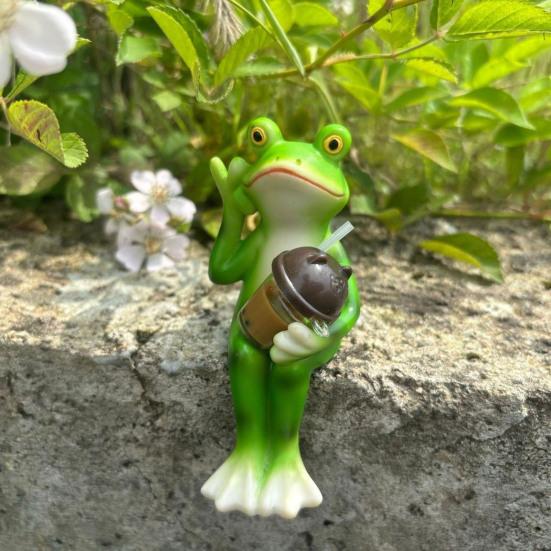 Cartoon Frog Figurine Holding Vase Milk Tea Frog Statue Resin Animal Sculpture Outdoor Garden Flower Pot Hugger Ornament