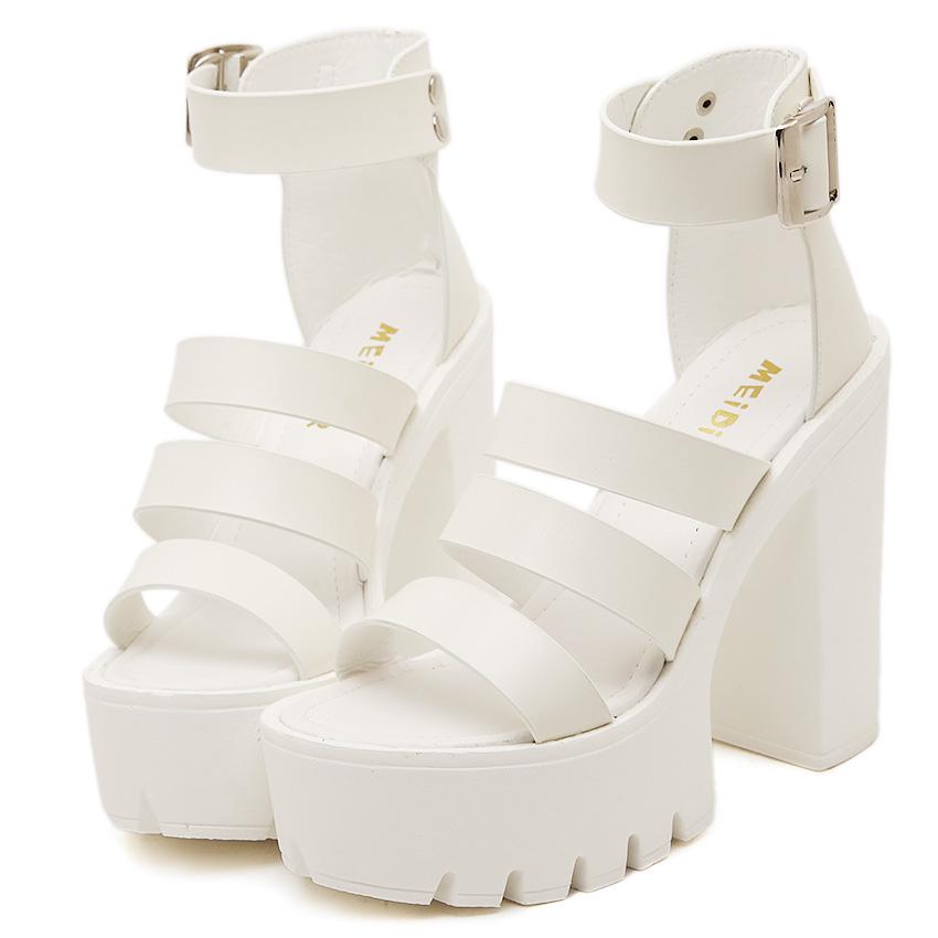 Plus Size 41 42 Summer Shoes Women White Open Toe Button Belt Thick Heel Wedges Platform Shoes Fashionable Casual Sandals Female Footwear
