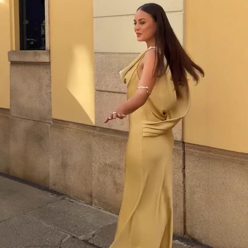 Летнее женское европейское и американское вечернее платье с открытой спиной и драпированным вырезом