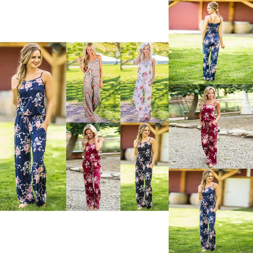 Floral Women Summer Long Wide Leg Pants Strappy Casual Beach Jumpsuit Romper Us