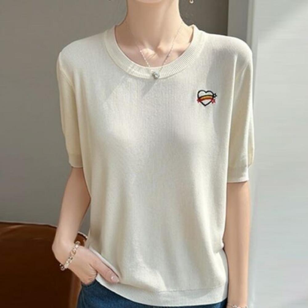Navava Heart Embroidery Point Round Neck Short Sleeve Knit Top Nk3662