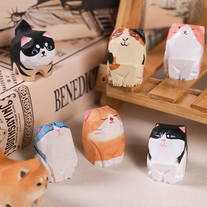 1PC Small Animal Creative Desktop Wood Cat DIY Decoration Crafts Handmade Wood Carving Kitten Ornaments