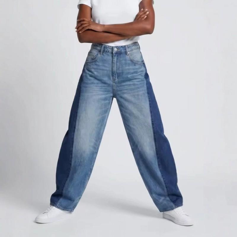 Washed Stitching Jeans Low Rise Relaxed Straight Leg Denim Pants Women Men