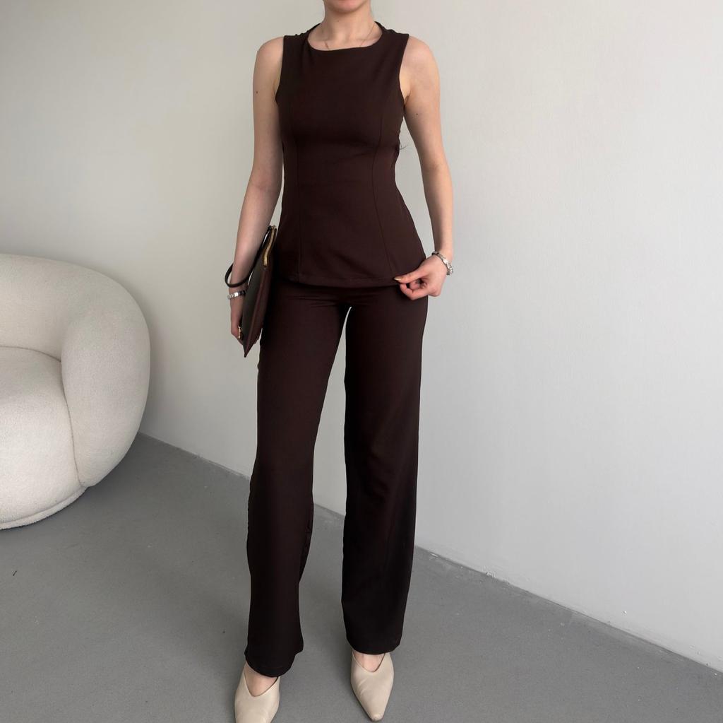 European and women's clothing new round neck sleeveless lace-up waist halter top high waist straight pants set