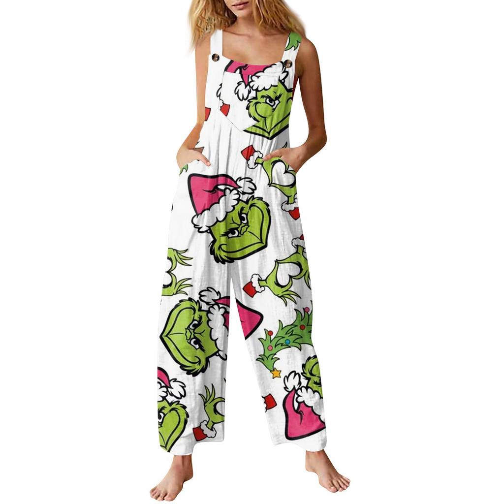 Women's Fashion Christmas Print Casual Retro Sleeveless Button Jumpsuit