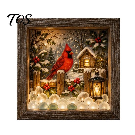 Wooden Landscape Ornament Christmas Snowy Night Light Picture Frame, Vintage Frame 3D Mini Gift for Friends Lamp, Desktop Atmosphere Decor Bedroom