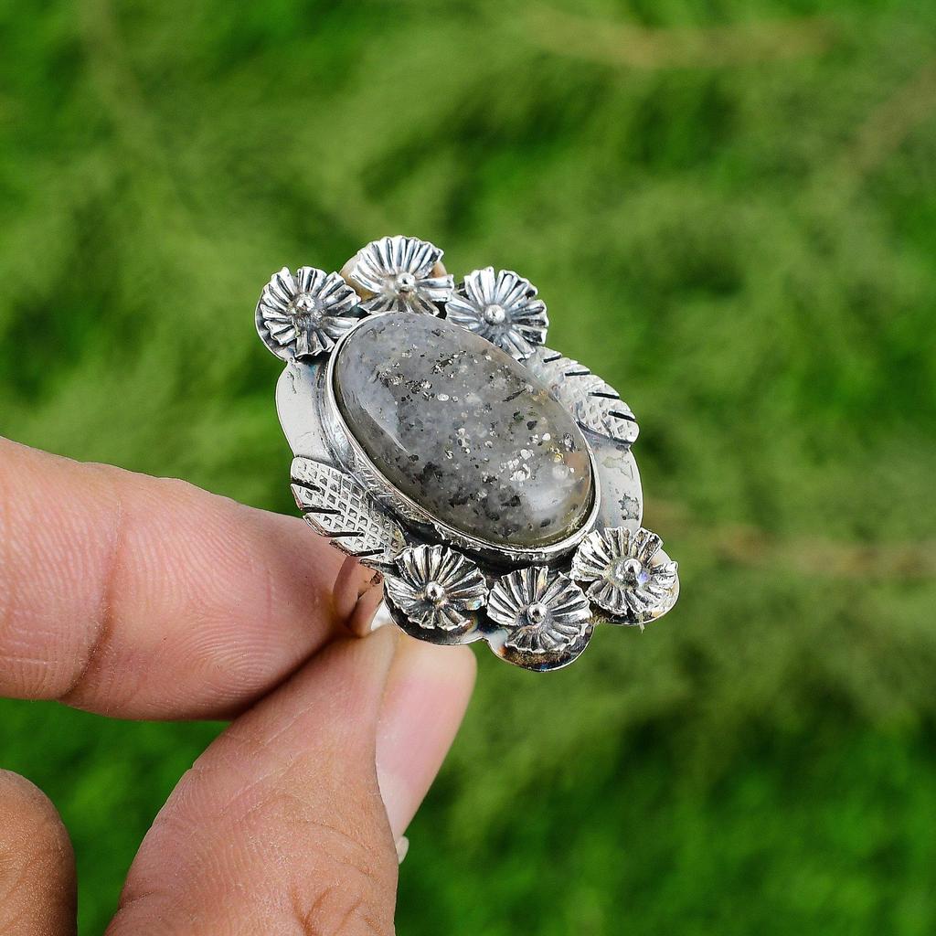 Gift For Her 925 Silver Natural Black Sunstone Solitaire Flower Adjustable Ring