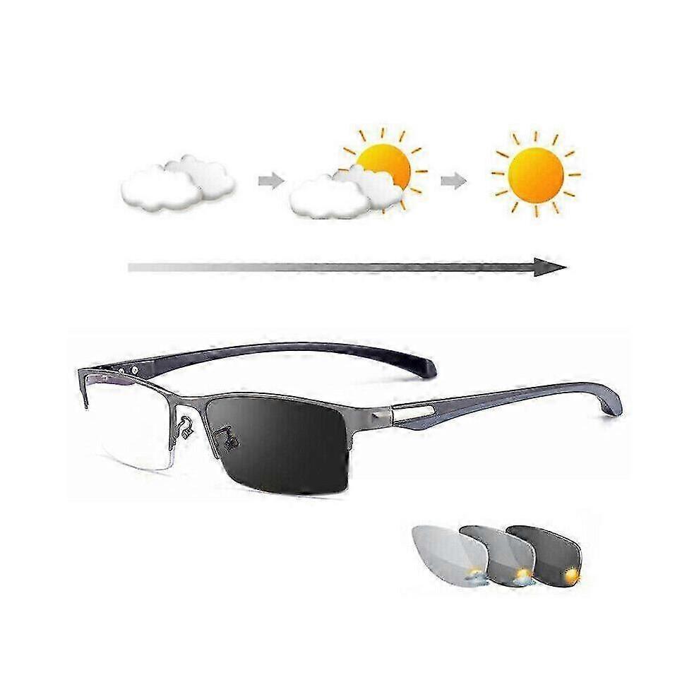 (2.50 strength) Photochromic Gunmetal Progressive Multifocal Reading Glasses Anti-blue Magnifier