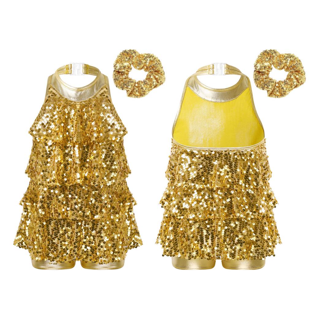 Kids Girls Shiny Sequined Dance Leotard Dress with Hair Band Jazz Latin Dance Performance Costume