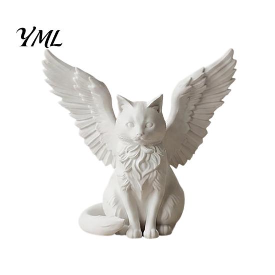 PLA Material Crafts Angel Cat Desk Ornament, Matte White 3D Printing Figurine, Minimalist Simple Textured Art Winged Sculpture for Home Office