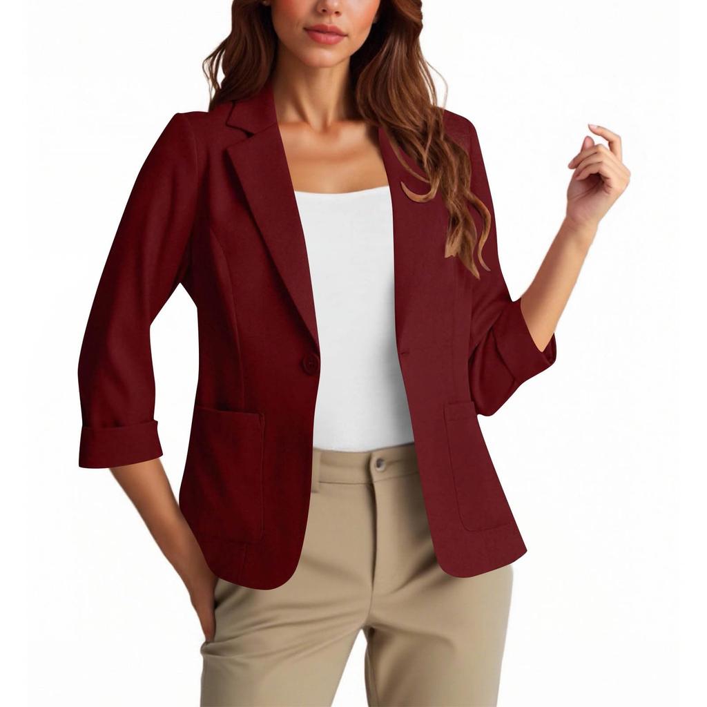 Womens Casual 3/4 Sleeve Blazers Open Front Solid Color Lapel Collar Work Business Suit Jackets