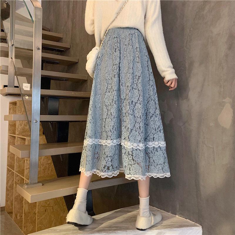 Female Lady Korean Style Black White Blue Lace Midi Skirt Women Spring Autumn Cute Elegant Office A-line Skirt