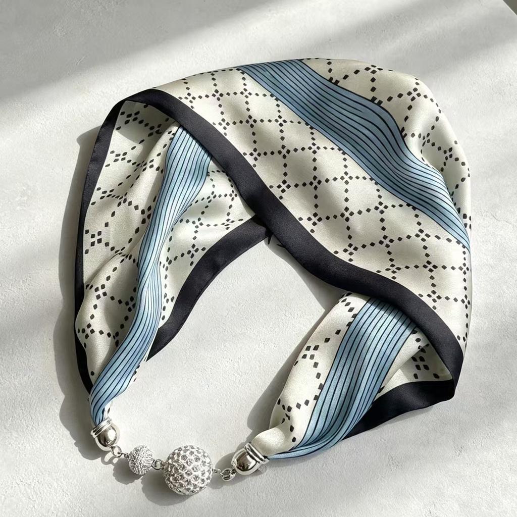 New retro pearl magnetic buckle small silk scarf women's high-end satin printed scarf summer versatile small scarf