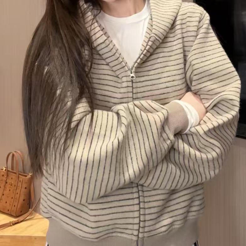 Женская куртка-кардиган на молнии с капюшоном в полоску, ранний осенний стиль - Нишевый ленивый стиль, Повседневная свободная кофта